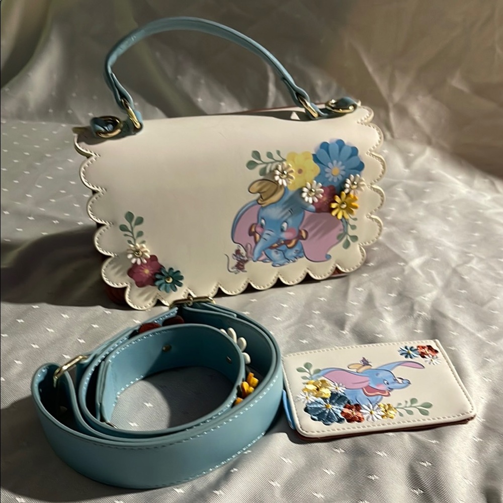 Disney Loungefly Dumbo White and Blue Floral Mini Bag With Card Holder